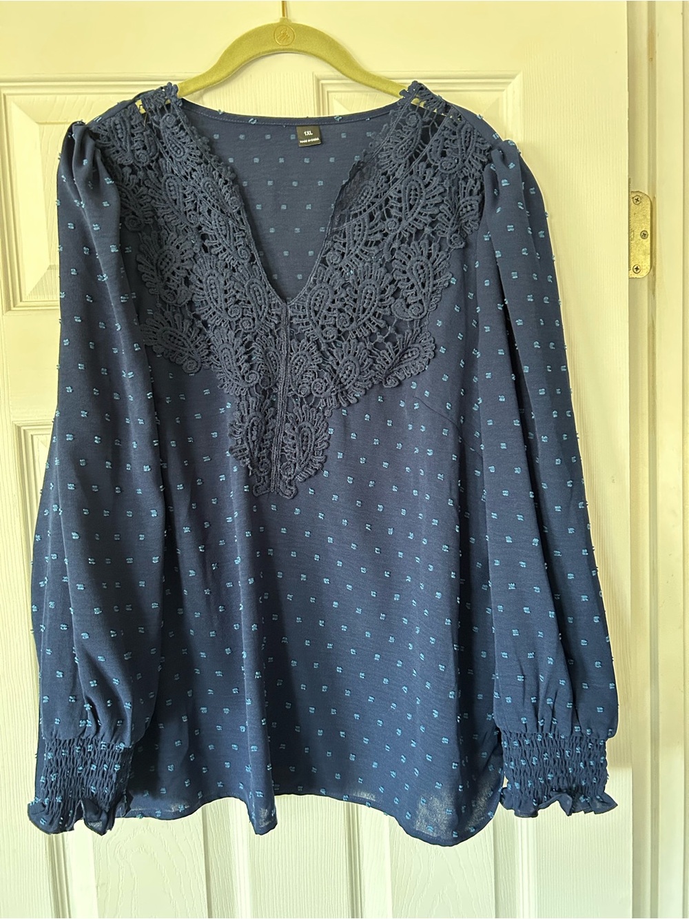 SHEIN Navy Blue Lace V-Neck Long Sleeve Blouse